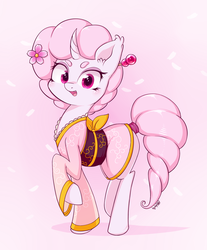 Size: 1536x1858 | Tagged: safe, artist:dsp2003, oc, oc only, oc:sakuragi-san, pony, unicorn, clothes, female, flower, flower in hair, flower petals, heart, heart eyes, kimono (clothing), looking at you, open mouth, wingding eyes