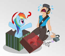 Size: 1037x886 | Tagged: safe, artist:gonzahermeg, rainbow dash, human, pony, g4, box, christmas, confused, crossover, crying, eyes closed, frown, hat, kneeling, lock, open mouth, pony in a box, present, pun, question mark, rainbows make me cry, santa hat, scout (tf2), team fortress 2