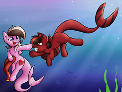 Size: 3777x2855 | Tagged: safe, artist:ashee, oc, oc only, oc:ashee, oc:red pone, orca pony, original species, shark, shark pony, boop, clothes, glare, gritted teeth, high res, hoof hold, open mouth, red and black oc, scarf, smiling, swimming, underwater