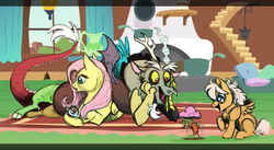 Size: 2621x1435 | Tagged: safe, artist:vindhov, discord, fluttershy, oc, oc:bumblebee, pegasus, pony, unicorn, g4, baby, baby pony, carrot, chocolate, chocolate rain, cloud, colt, cotton candy, cotton candy cloud, fluttermom, fluttershy's cottage, food, male, offspring, parent:fluttershy, parent:ponet, parents:ponetshy, rain, story included