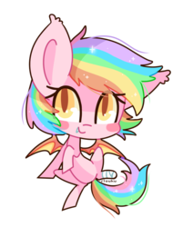 Size: 819x1021 | Tagged: safe, artist:riouku, oc, oc only, oc:paper stars, bat pony, pony, amputee, chibi, cute, cute little fangs, fangs, female, looking at you, mare, rainbow hair, solo, sparkly mane