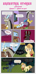 Size: 1919x3965 | Tagged: safe, artist:estories, discord, oc, oc:alice goldenfeather, oc:penumbra, oc:squeaky pitch, draconequus, earth pony, pegasus, pony, comic:find yourself, g4, astral projection, comic, cushion, glowing, glowing eyes, micro, table