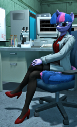Size: 2160x3550 | Tagged: safe, artist:reufmet, twilight sparkle, anthro, plantigrade anthro, g4, 3d, female, glasses, high heels, high res, laboratory, looking at you, solo, source filmmaker