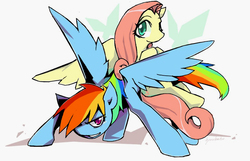 Size: 956x615 | Tagged: safe, artist:tyuubatu, fluttershy, rainbow dash, g4, action pose, duo, spread wings