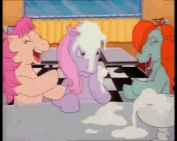 Size: 450x360 | Tagged: safe, screencap, bright eyes, clover (g1), patch (g1), earth pony, pony, g1, my little pony tales, angry, animated, female, food, ice cream, laughing, laughingmares.jpg, out of context
