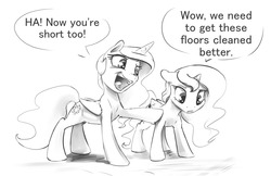 Size: 1280x829 | Tagged: safe, artist:silfoe, princess celestia, princess luna, royal sketchbook, g4, age regression, cewestia, cute, dialogue, female, filly, filly celestia, filly luna, grayscale, magic, monochrome, open mouth, speech bubble, woona, younger