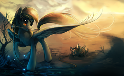 Size: 1280x789 | Tagged: safe, artist:hioshiru, derpy hooves, pegasus, pony, g4, badass, blood, chest fluff, epic derpy, eyepatch, female, flail, mare, mouth hold, raised hoof, scar, solo, spread wings, weapon