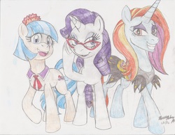 Size: 2195x1700 | Tagged: safe, artist:semijuggalo, coco pommel, rarity, sassy saddles, earth pony, pony, unicorn, g4, clothes, female, glasses, grin, mare, simple background, smiling, traditional art, trio
