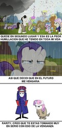 Size: 507x1051 | Tagged: safe, derpy hooves, meadow song, merry may, rarity, sweetie belle, pegasus, pony, g4, the cart before the ponies, comic, dick dastardly, evil, evil smile, female, filly, filly rarity, grin, hanna barbera, mare, muttley, quality, smiling, spanish, this will end in trouble, translated in the description, wacky races, younger