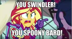 Size: 1280x687 | Tagged: safe, edit, edited screencap, screencap, sci-twi, sunset shimmer, twilight sparkle, equestria girls, g4, my little pony equestria girls: friendship games, angry, final fantasy iv, image macro, meme, pointing, spoony, spoony bard, sunset yells at twilight