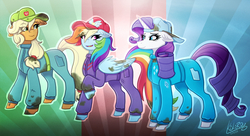 Size: 2300x1250 | Tagged: safe, artist:monnarcha, applejack, rainbow dash, rarity, g4, the cart before the ponies, backwards ballcap, belt, cap, clothes, dirty, freckles, hat, mechanic, mechanic coveralls, open mouth, pants, raised hoof, signature