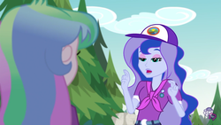Size: 1280x720 | Tagged: safe, screencap, princess celestia, princess luna, principal celestia, vice principal luna, equestria girls, g4, my little pony equestria girls: legend of everfree, air quotes, baseball cap, hat, lidded eyes, open mouth