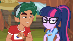 Size: 640x360 | Tagged: safe, edit, edited screencap, screencap, sci-twi, timber spruce, twilight sparkle, equestria girls, g4, my little pony equestria girls: legend of everfree, animated, eyebrow wiggle, faic, female, male, ponytail, sci-twi is not amused, shipping, straight, timbertwi