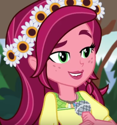 Size: 526x564 | Tagged: safe, screencap, gloriosa daisy, equestria girls, g4, my little pony equestria girls: legend of everfree, cropped, female, flower, flower in hair, freckles, geode of fauna, geode of shielding, geode of sugar bombs, geode of super speed, geode of super strength, lip bite, magical geodes