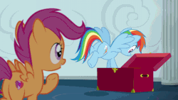 Size: 1280x720 | Tagged: safe, screencap, rainbow dash, scootaloo, pegasus, pony, g4, the cart before the ponies, animated, butt, cutie mark, female, filly, mare, plot, the cmc's cutie marks