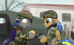 Size: 3000x1812 | Tagged: dead source, safe, artist:orang111, oc, oc only, oc:echo, oc:rack redstar, bat pony, pegasus, pony, american flag, armor, bipedal, body armor, camouflage, car, cute, exchange, eyes on the prize, fangs, female, floppy ears, food, grin, happy, helmet, humvee, male, mango, mare, military, military bronies, military uniform, open mouth, parody, ration, requested art, russia, russian, smiling, squee, stallion, sunflower seeds, trading, united states, us army
