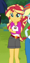 Size: 235x499 | Tagged: safe, screencap, rainbow dash, sci-twi, sunset shimmer, twilight sparkle, equestria girls, g4, my little pony equestria girls: legend of everfree, animated, camp everfree outfits, cropped, crossed arms, cute, female, offscreen character, shimmerbetes, smiling, solo focus, when she smiles