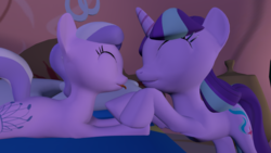 Size: 2560x1440 | Tagged: safe, artist:garyd12, diamond tiara, starlight glimmer, earth pony, pony, unicorn, g4, 3d, crack shipping, eyes closed, female, filly, lesbian, mare, shipping, source filmmaker, tiaraglimmer, tongue out