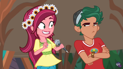 Size: 847x473 | Tagged: safe, screencap, gloriosa daisy, timber spruce, equestria girls, g4, my little pony equestria girls: legend of everfree, brother and sister, camp everfree logo, camp everfree outfits, excited, female, flower, frown, headband, magical geodes, male, microphone, smiling, timber spruce is not amused, unamused, watermark