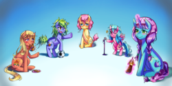 Size: 900x450 | Tagged: safe, artist:tzc, oc, oc only, oc:coral, oc:ivy, oc:melody, earth pony, pony, unicorn, commission, glowing horn, horn, magic, microphone