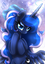 Size: 920x1300 | Tagged: safe, artist:joakaha, princess luna, alicorn, pony, g4, bedroom eyes, cute, female, floating heart, glowing horn, hair bow, heart, horn, looking at you, lunabetes, mare, remake, signature, solo, spread wings, wings