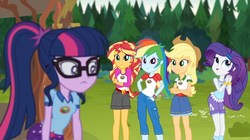 Size: 851x475 | Tagged: safe, screencap, applejack, rainbow dash, rarity, sci-twi, sunset shimmer, twilight sparkle, equestria girls, g4, my little pony equestria girls: legend of everfree, female, ponytail