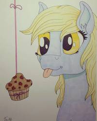 Size: 896x1120 | Tagged: safe, artist:fia94, derpy hooves, pegasus, pony, g4, female, food, mare, muffin, solo, string, tongue out, traditional art