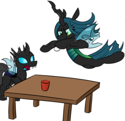 Size: 987x957 | Tagged: safe, artist:moemneop, queen chrysalis, changeling, g4, beer pong, table