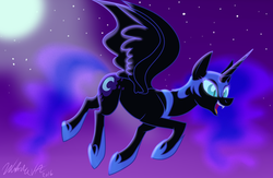 Size: 1024x669 | Tagged: dead source, safe, artist:wubcakeva, nightmare moon, alicorn, pony, g4, female, flying, glowing eyes, mare, moon, night, signature, sky, solo, stars