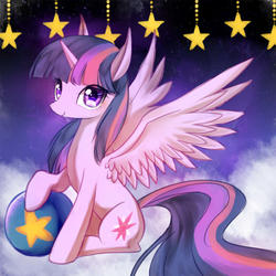 Size: 700x700 | Tagged: safe, artist:yunajee, twilight sparkle, alicorn, pony, g4, ball, cloud, female, sitting, solo, spread wings, twilight sparkle (alicorn)