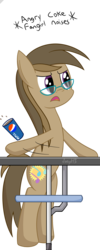 Size: 1000x2500 | Tagged: safe, artist:joey, oc, oc only, oc:dawnsong, earth pony, pony, angry, bipedal, descriptive noise, female, frown, glare, glasses, mare, open mouth, pepsi, soda, solo