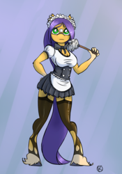 Size: 875x1250 | Tagged: safe, artist:overkenzie, oc, oc only, oc:pumpkin lily, earth pony, anthro, unguligrade anthro, anthro oc, breasts, cleavage, clothes, duster, female, garter belt, garters, green eyes, maid, neck bow, piercing, pleated skirt, skirt, solo, stockings, unshorn fetlocks