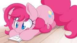 Size: 1920x1080 | Tagged: safe, artist:dshou, pinkie pie, earth pony, pony, g4, :3, alternate hairstyle, colored pupils, crush, cute, diapinkes, diary, eye clipping through hair, female, heart, hoof hold, mare, notepad, pencil, solo, yet another pinkie blog