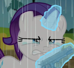 Size: 572x521 | Tagged: safe, edit, edited screencap, screencap, rarity, g4, the cart before the ponies, crying, female, filly, filly rarity, gun, handgun, levitation, m1911, magic, rain, reaction image, solo, telekinesis, weapon