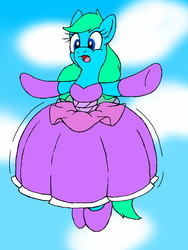 Size: 960x1280 | Tagged: safe, artist:dashingjack, oc, oc only, oc:brainstorm, clothes, crossdressing, dress, falling, parachute, parachute dress, paraskirt, poof