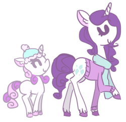 Size: 915x888 | Tagged: safe, artist:girl-frxm-mars, rarity, sweetie belle, g4, clothes, happy, hat, scarf, sweater, winter
