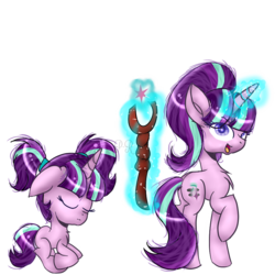 Size: 850x850 | Tagged: safe, artist:rena-mlp-999, starlight glimmer, pony, g4, duality, duo, filly, glowing horn, horn, magic, s5 starlight, staff, staff of sameness