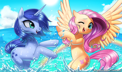 Size: 1271x750 | Tagged: safe, artist:racoonsan, fluttershy, oc, pegasus, pony, unicorn, g4, cloud, commission, cute, duo, female, mare, ocean, one eye closed, open mouth, playing, rainbow, shyabetes, sky, smiling, splashing, sun, water