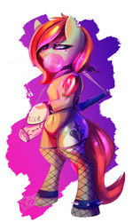 Size: 540x900 | Tagged: safe, artist:tangomangoes, oc, oc only, oc:tango, pony, baseball bat, belly button, bipedal, bubblegum, fishnet stockings, food, gum, piercing, suicide squad, tattoo