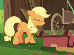 Size: 640x480 | Tagged: safe, screencap, applejack, earth pony, pony, g4, season 6, the cart before the ponies, angry, animated, annoyed, blinking, cart, ears back, eyes closed, female, frown, glare, gritted teeth, horses doing horse things, loop, mare, solo, stomp, stomping, wood