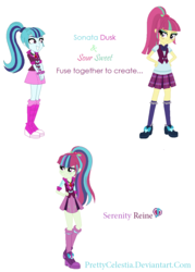 Size: 882x1234 | Tagged: safe, artist:prettycelestia, sonata dusk, sour sweet, oc, oc:serenity reine, equestria girls, g4, fusion, fusion:sonata dusk, fusion:sour sweet, fusion:sournata