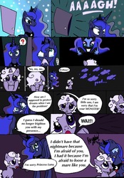 Size: 2191x3144 | Tagged: safe, artist:darkest-lunar-flower, nightmare moon, princess luna, oc, oc:ammy, g4, comic, crying, dream, dream walker luna, feels, heart, high res