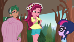 Size: 1280x720 | Tagged: safe, screencap, fluttershy, gloriosa daisy, sci-twi, timber spruce, twilight sparkle, equestria girls, g4, my little pony equestria girls: legend of everfree, camp everfree outfits, clothes, cute, daisybetes, female, legs, magical geodes, male
