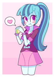 Size: 600x834 | Tagged: safe, artist:riouku, sonata dusk, equestria girls, g4, blush sticker, blushing, clothes, cute, eating, female, food, heart, moe, ponytail, skirt, solo, sonatabetes, sonataco, taco, that girl sure loves tacos, that siren sure does love tacos