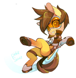 Size: 945x960 | Tagged: safe, artist:akamei, artist:redsaucejohn, pony, butt, crossover, female, goggles, looking at you, mare, overwatch, pixiv, plot, ponified, simple background, smiling, solo, tracer