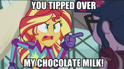 Size: 1280x720 | Tagged: safe, edit, edited screencap, screencap, sci-twi, sunset shimmer, twilight sparkle, equestria girls, g4, my little pony equestria girls: friendship games, caption, chocolate, chocolate milk, everything is ruined, image macro, meme, milk, pure unfiltered evil, sunset yells at twilight