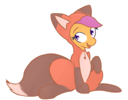 Size: 1280x1001 | Tagged: safe, artist:mr-degration, scootaloo, fox, kitsune, red fox, g4, animal costume, clothes, costume, cute, cutealoo, female, heart eyes, open mouth, simple background, sitting, solo, transparent background, wingding eyes