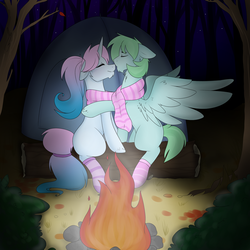 Size: 1024x1024 | Tagged: safe, artist:neonblaze909, oc, oc only, oc:dream catcher, oc:short circuit, campfire, camping, clothes, female, forest, kissing, male, night, scarf, shared clothing, shared scarf, shipping, socks, straight, striped socks