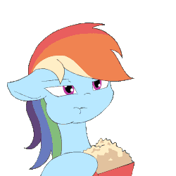 Size: 900x900 | Tagged: safe, artist:kanashiipanda, rainbow dash, pegasus, pony, g4, animated, chewing, cute, dashabetes, eating, female, floppy ears, food, frame by frame, frown, hoof hold, mare, popcorn, reaction image, simple background, solo, transparent background, unamused