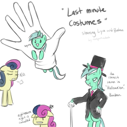 Size: 1000x1000 | Tagged: safe, artist:askpinkiedash, bon bon, lyra heartstrings, sweetie drops, earth pony, pony, g4, bipedal, bon bon is not amused, clothes, costume, duo, gloves, halloween, hat, monocle, monocle and top hat, nightmare night, nightmare night costume, top hat, walking stick